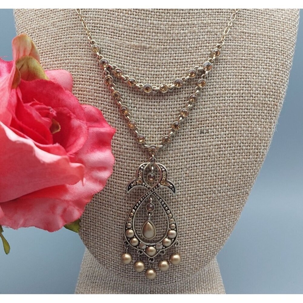 Cute Amber Glass Crystal Gold Tone Pendant Necklace Statement 18" Collar MINT